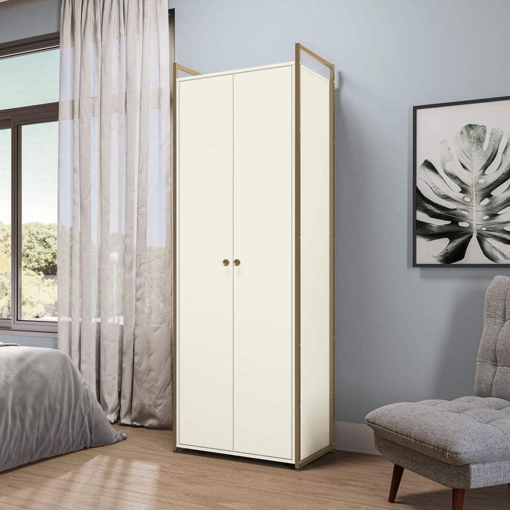 Armário Multiuso 2 Portas com 5 Prateleiras Industrial Off White/Dourado