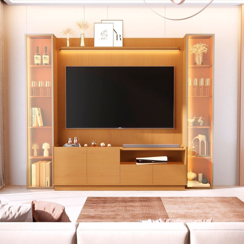 Rack com Painel para Tv 75 Polegadas 100% Mdf com 2 Torre Reflecta Led Vitoria Regia Marrom