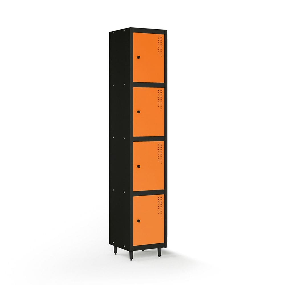 Armário Locker Guarda-volume de Aço 4 Portas com Fecho para Cadeado Vestiário Academia Laranja/Preto