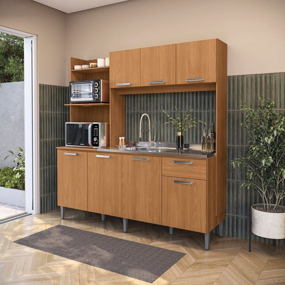 Cozinha Compacta 7 Portas e 1 Gaveta Externa de Madeira Canela
