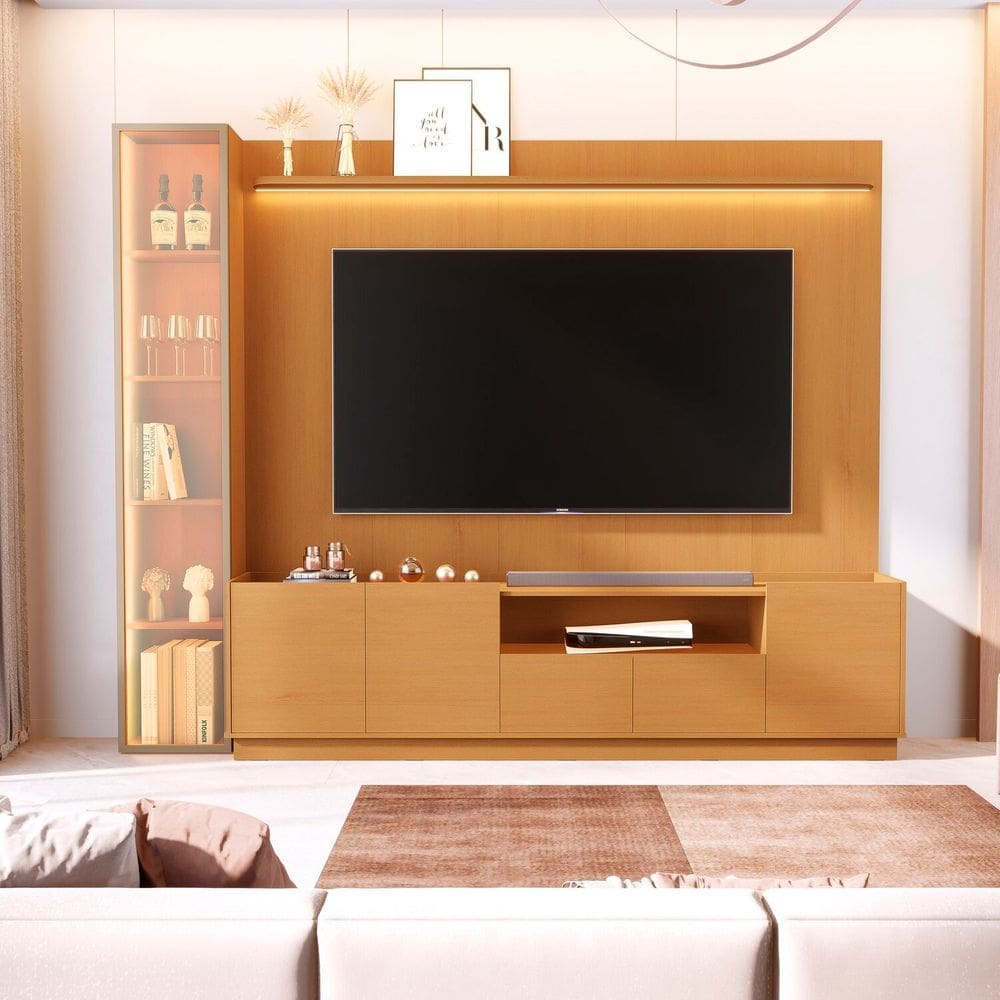 Rack com Painel para Tv 84 Polegadas com Porta Reflecta Led 100% Mdf Vitoria Regia Marrom