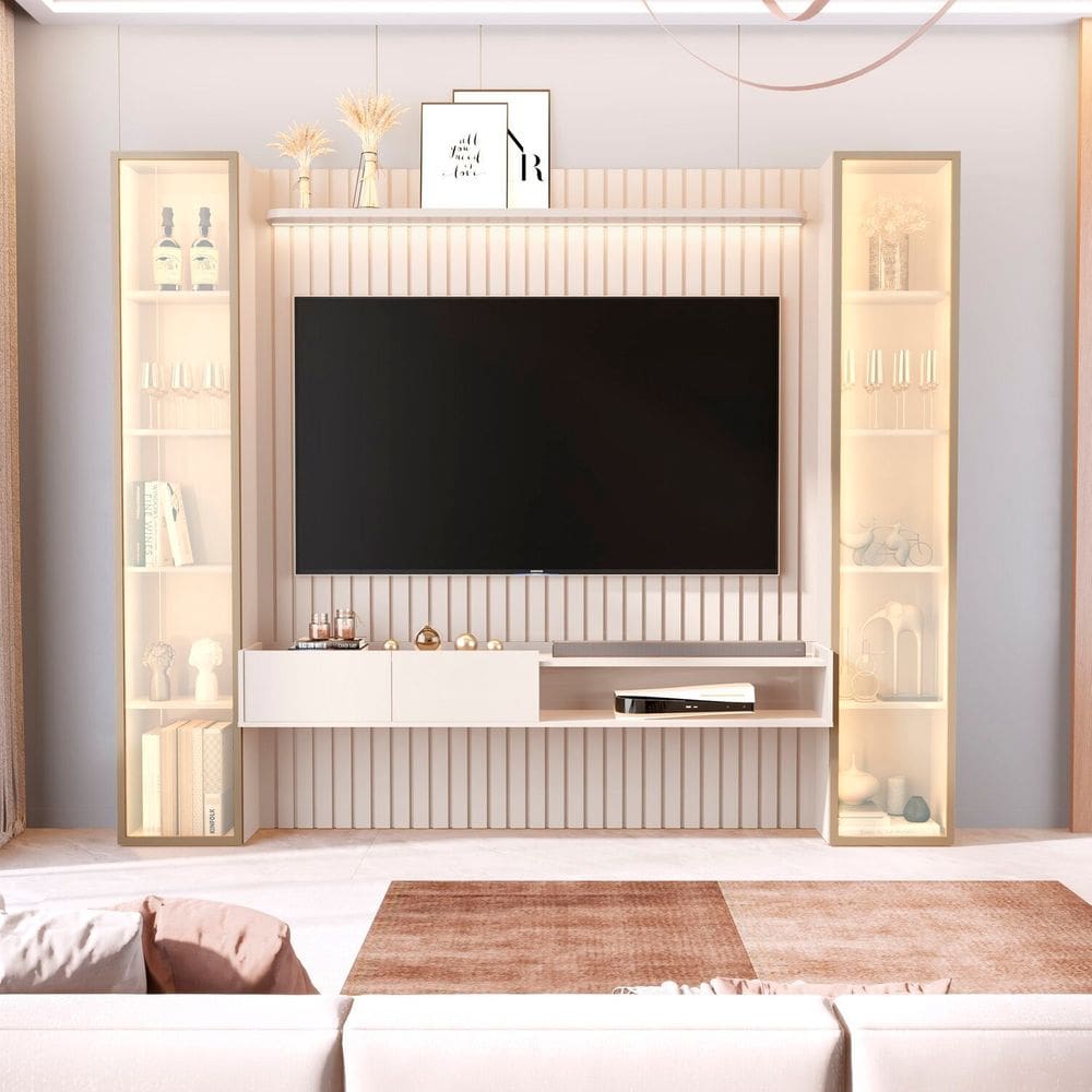 Painel para Tv 75 Polegadas 100% Mdf com Led e 2 Torres Porta Reflecta Vitoria Regia Off White