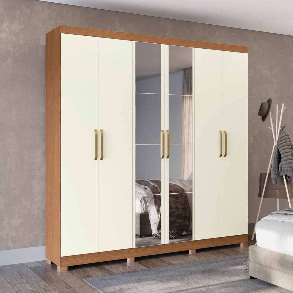 Guarda-roupa 6 Portas e 2 Gavetas com Espelho e Pés de Madeira Open Canela/Off White