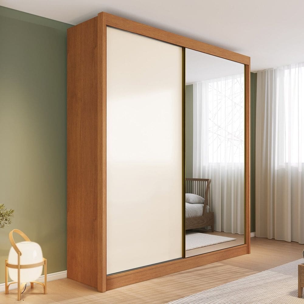 Guarda-roupa 100% Mdf com Espelho 2 Portas 4 Gavetas Trento Cinamomo/Off White
