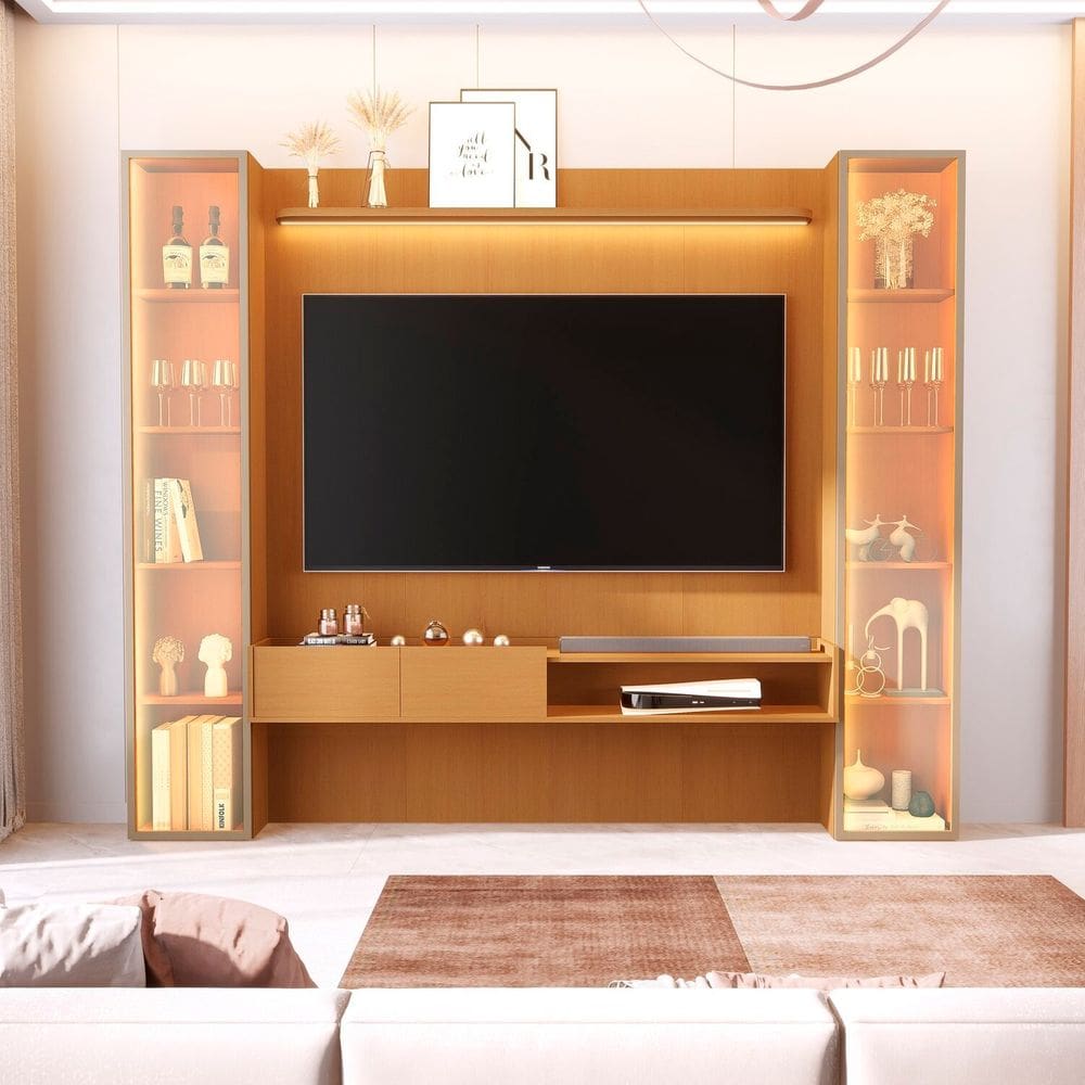 Painel para Tv 75 Polegadas 100% Mdf com Led e 2 Torres Porta Reflecta Vitoria Regia Marrom