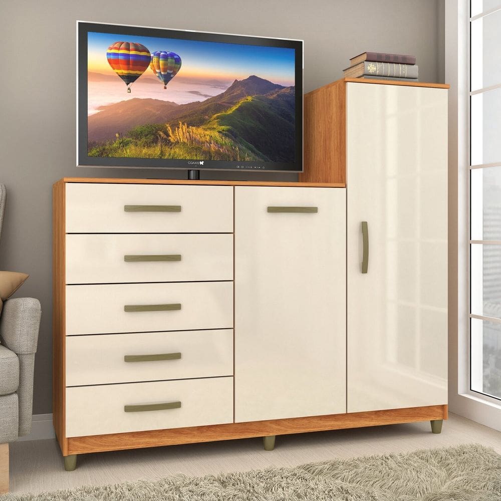 Cômoda 2 Portas 5 Gavetas com Cabideiro e Pés Chicago Cinamomo/Off White