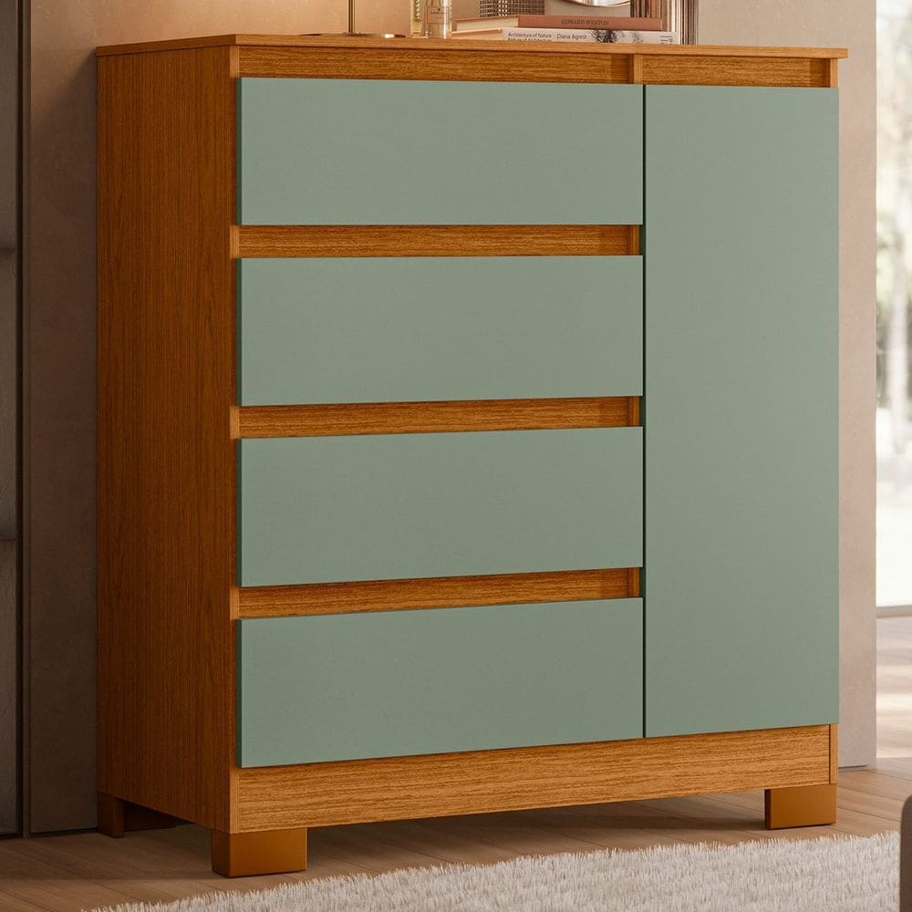 Cômoda Sapateira Infantil 01 Porta e 04 Gavetas Olímpia Cinamomo / Sálvia