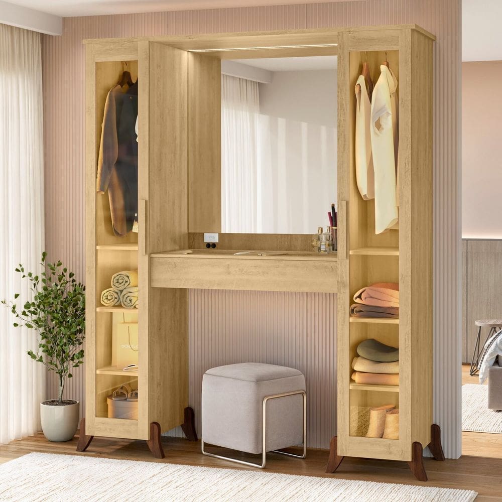 Penteadeira Camarim com Espelho 2 Portas com Vidro Reflecta e 1 Gavetas com Divisória Star Cinamomo