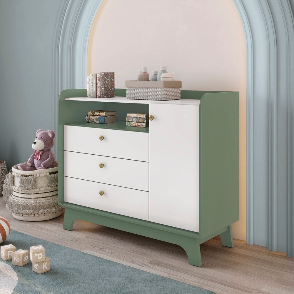 Cômoda Infantil 3 Gavetas e 1 Porta de Madeira Verde Oliva/Branco