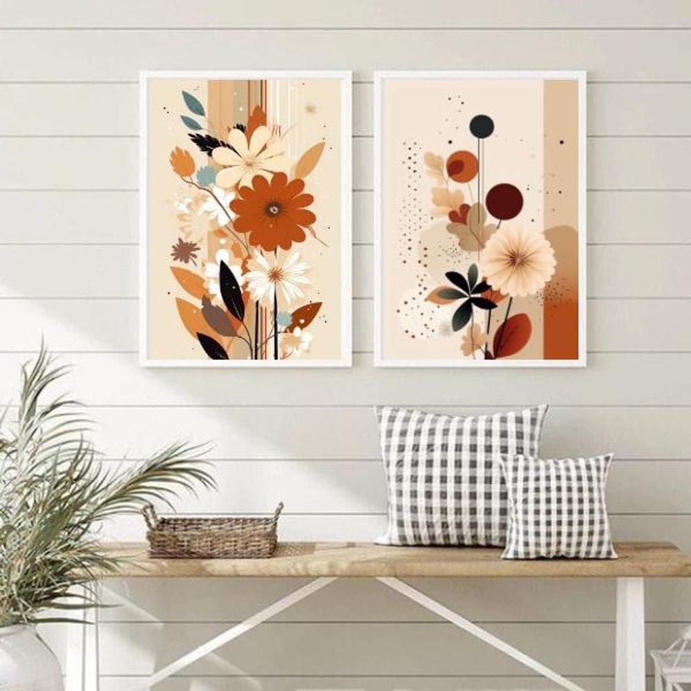 Quadros Decorativos Boho Flores Terracota 33X24Cm Madeira