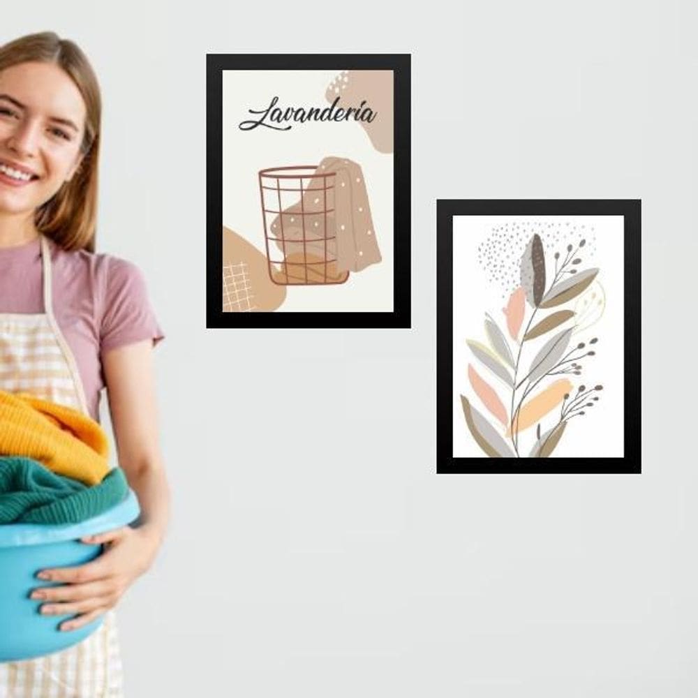 Kit 2 Quadros Lavanderia Arte Boho Floral 45X34Cm - Vidro