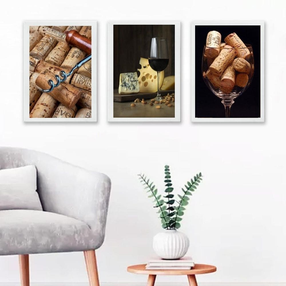 Kit 3 Quadros Queijos e Vinhos Rústico 45x34cm - Preto