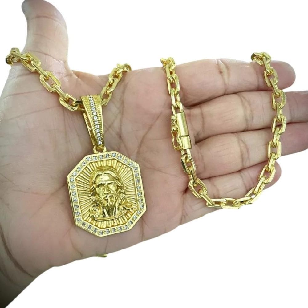 Cordão 6Mm Cadeado + Pingente Jesus Face - Banhado A Ouro