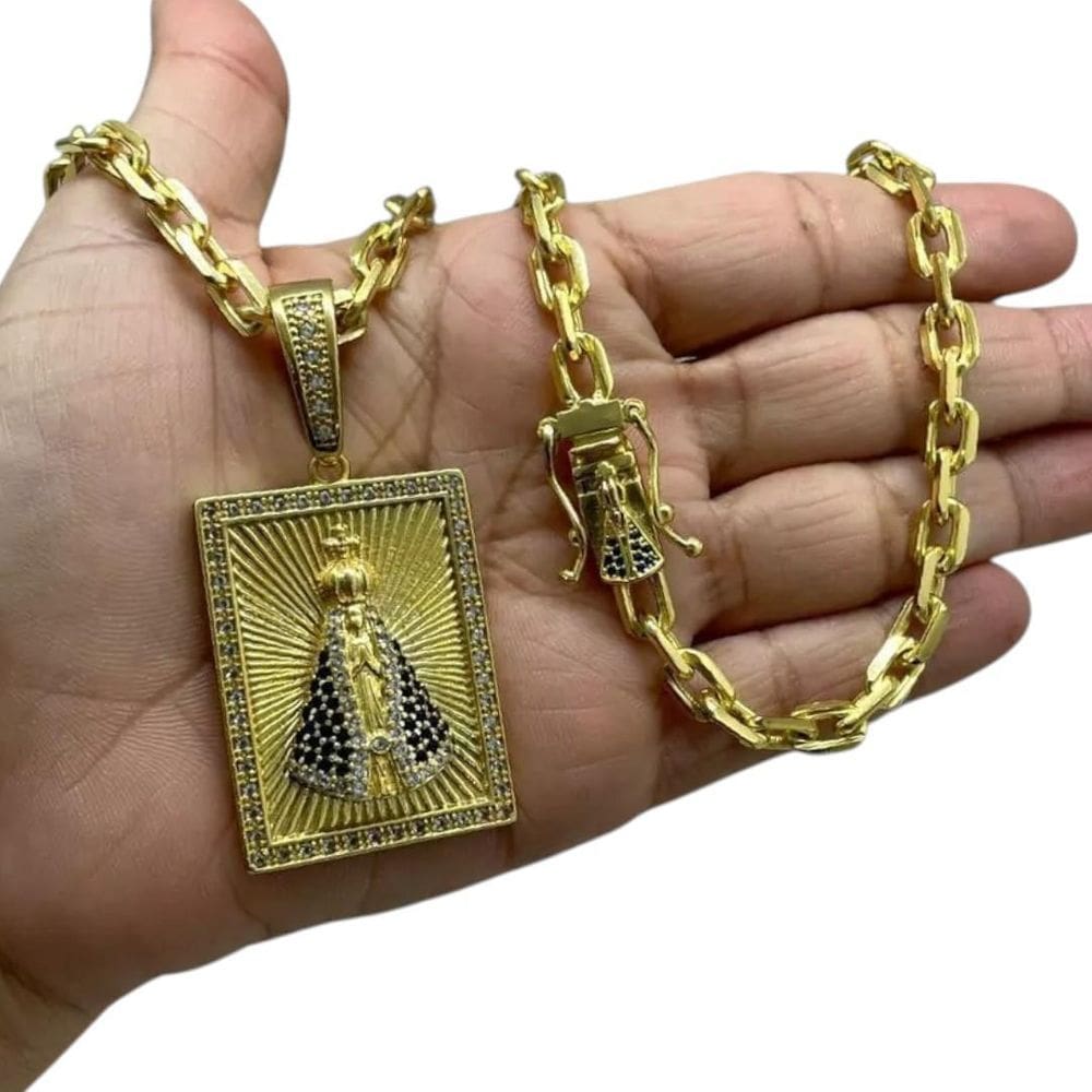Cordão 6Mm Cadeado + Pingente Nossa Senhora - Banhado A Ouro