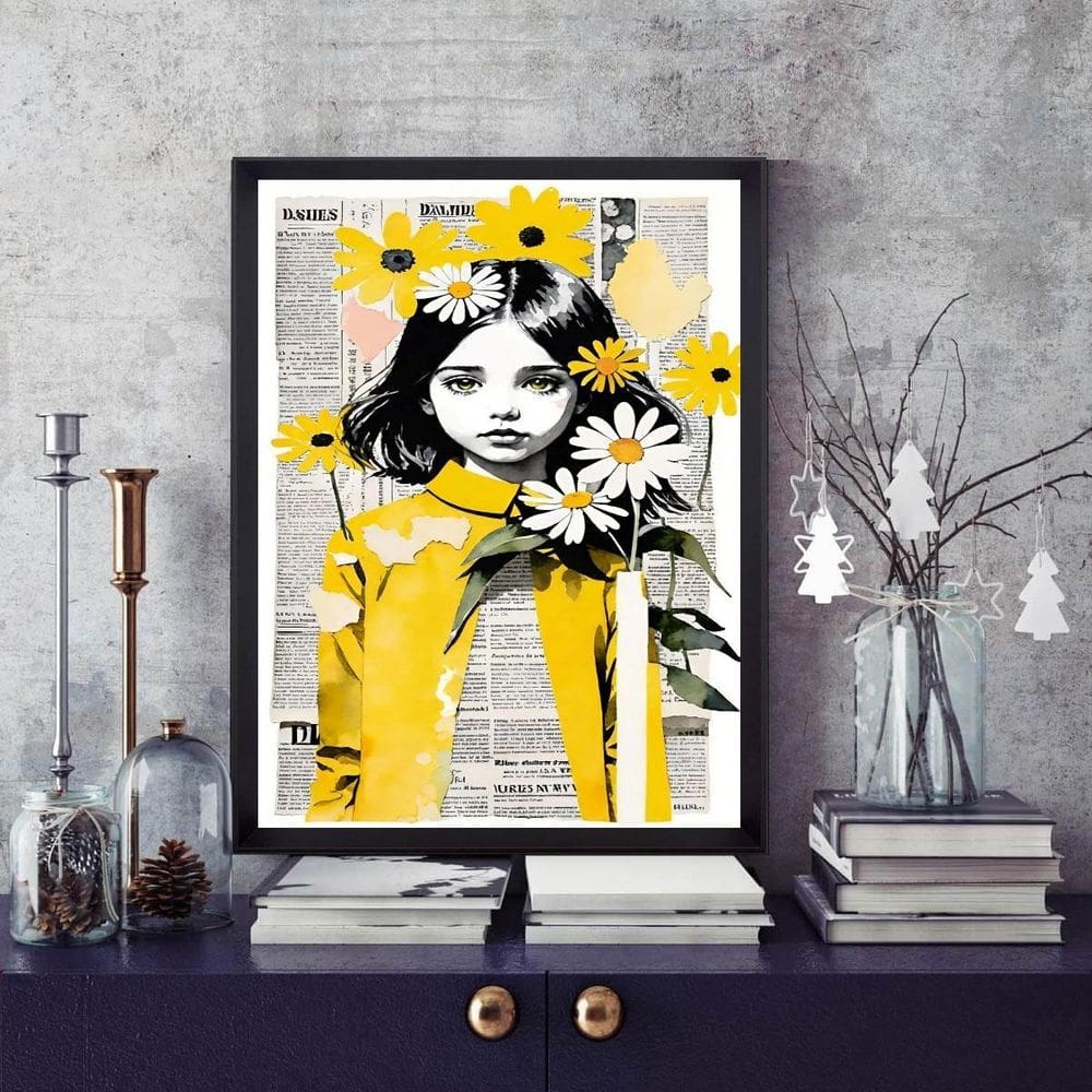 Quadro Arte Menina Margaridas 33X24Cm - Com Vidro