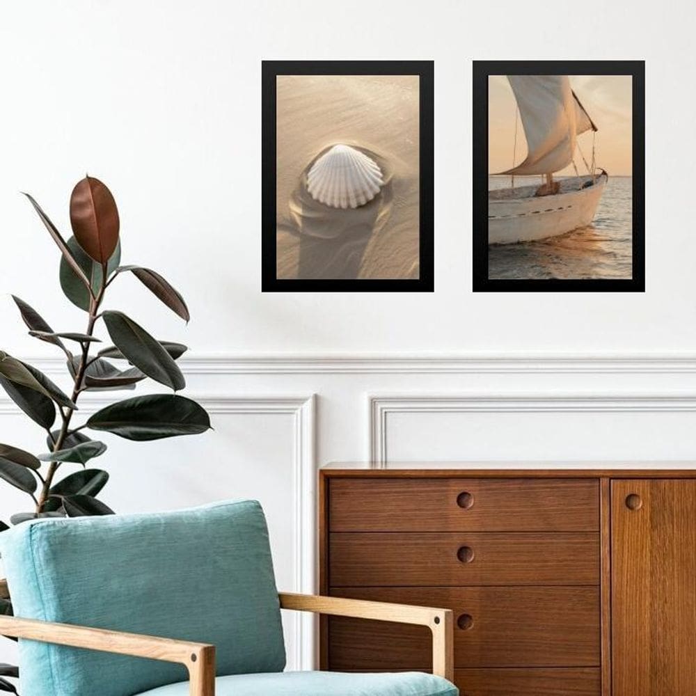 Kit 2 Quadros Praia Bege - Concha E Barco 33X24Cm - Vidro