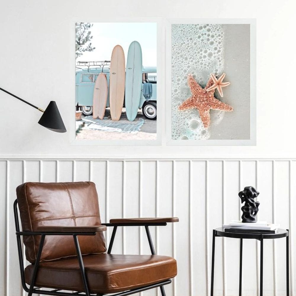 Kit 2 Quadros Decorativos Praia Surf Estrela Do Mar 45X34Cm