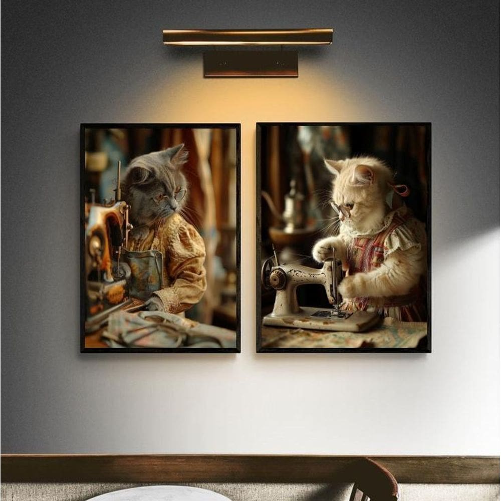Kit 2 Quadros Atelier De Costura - Gatinhas 45X34Cm - Vidro