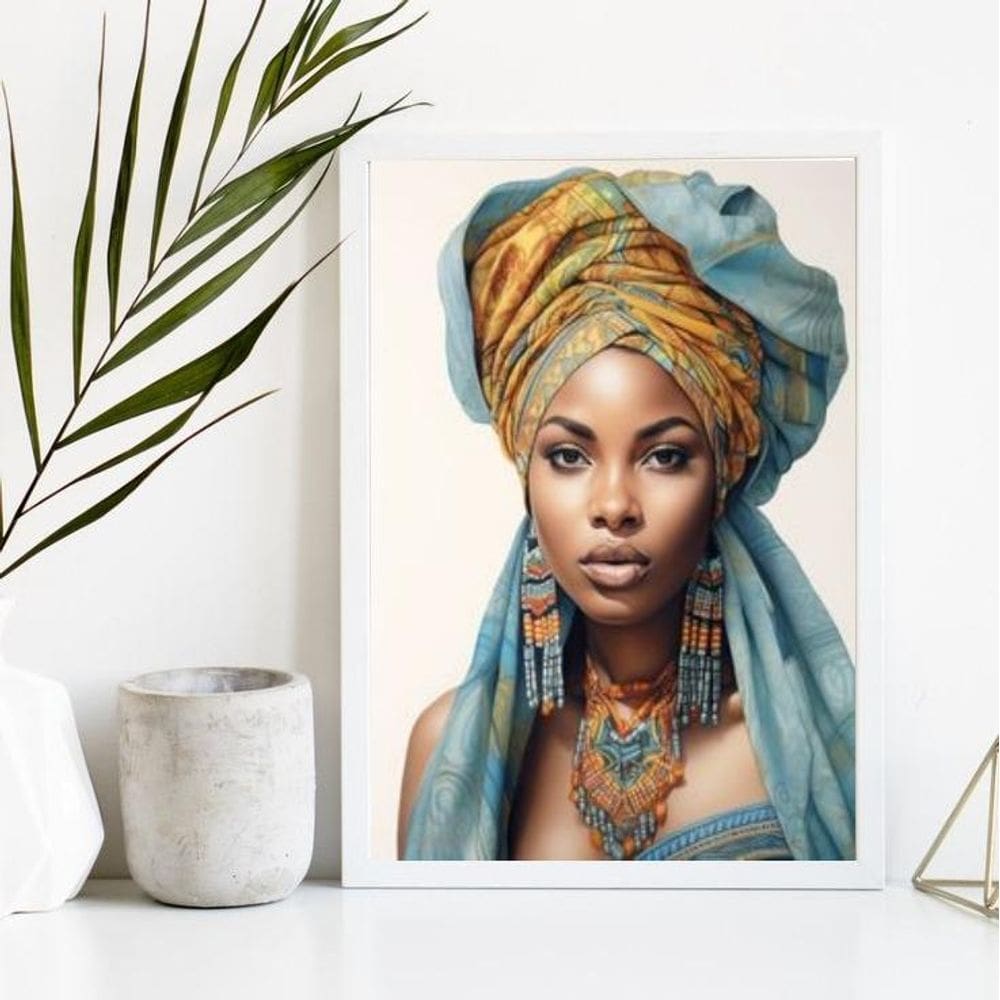 Quadro Decorativo Mulher Africana Turbante Azul 24x18cm