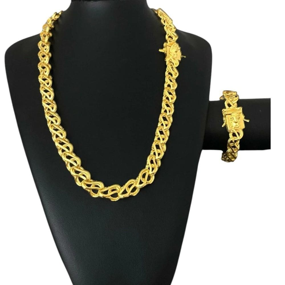 Cordão + Pulseira Friso S 12Mm Jesus Cristo - Banhado A Ouro