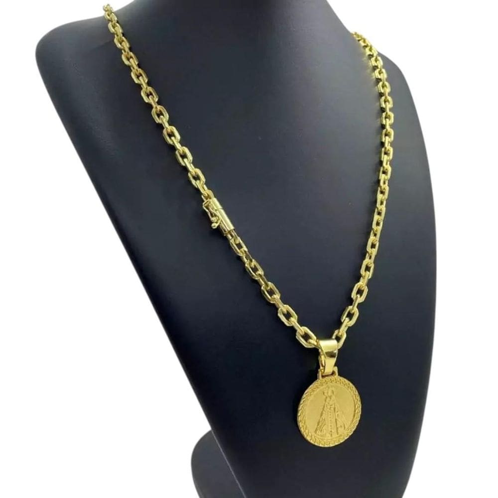 Cordão 6Mm Cadeado + Pingente Nossa Senhora - Banhado A Ouro