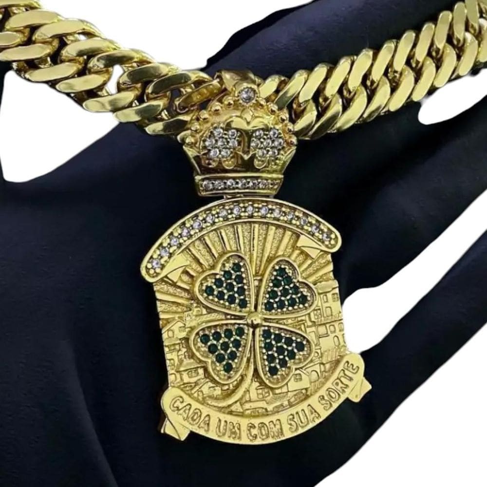 Cordão 13Mm Grumet + Pingente Trevo - Banhado A Ouro 18K