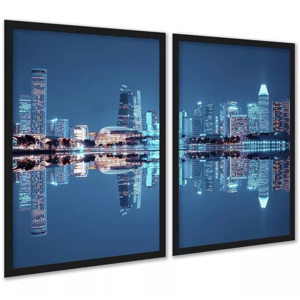 Kit 2 Quadros Foto Cidade - Luzes Reflexo 45X34Cm