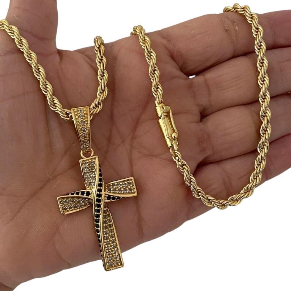 Cordão 5Mm Baiano + Pingente Cruz Amarrada - Banhado A Ouro