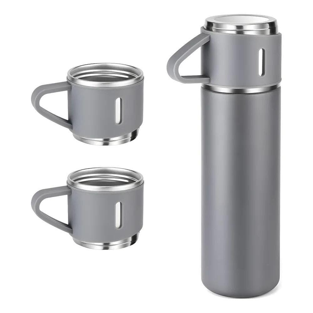 Kit Garrafa Térmica Inox 500Ml + 3 Copos -  Cinza