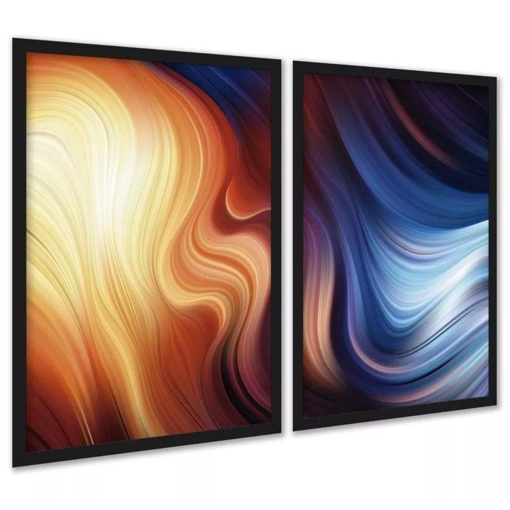 Kit 2 Quadros Abstratos Laranja Azul Ondas 33X24Cm
