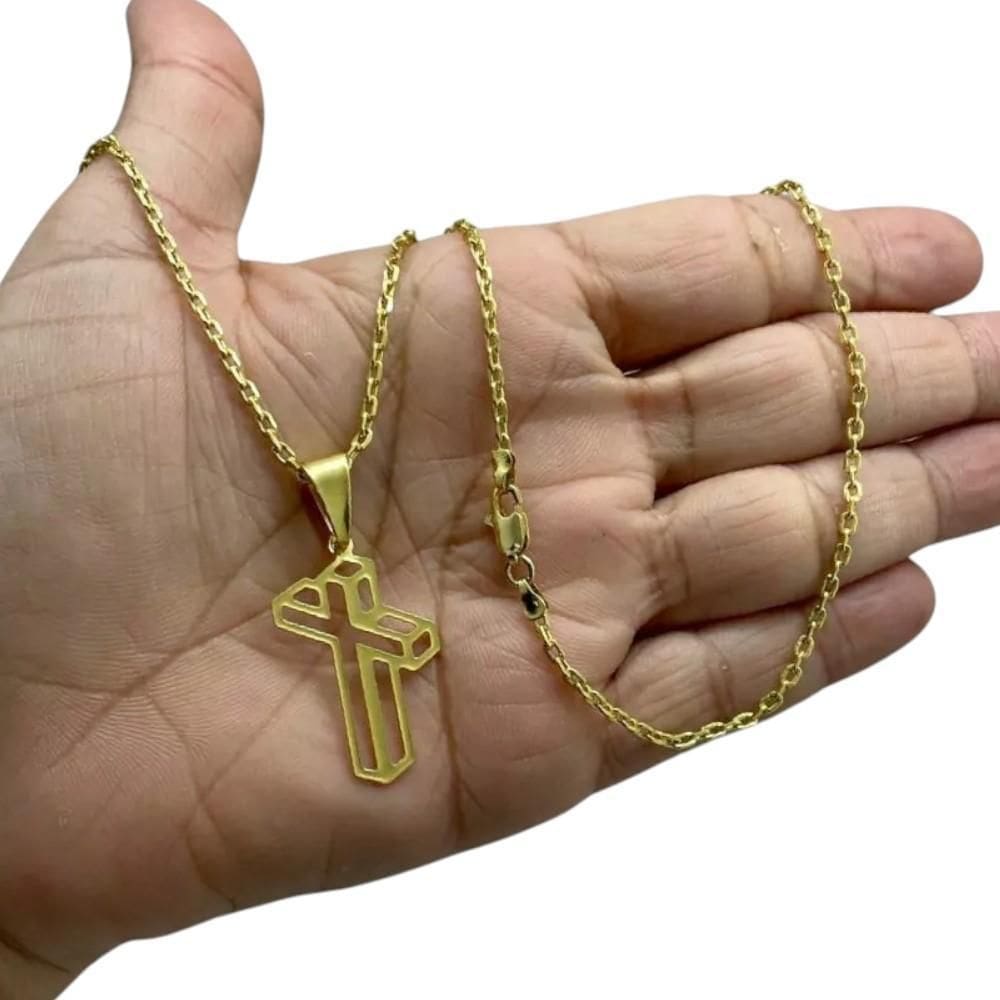 Cordão 2Mm Cadeado + Pingente Cruz 3D - Banhado A Ouro