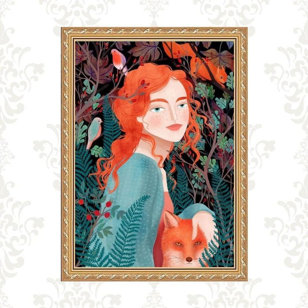 Quadro Moldura Dourada Ruiva Raposa 24X18Cm