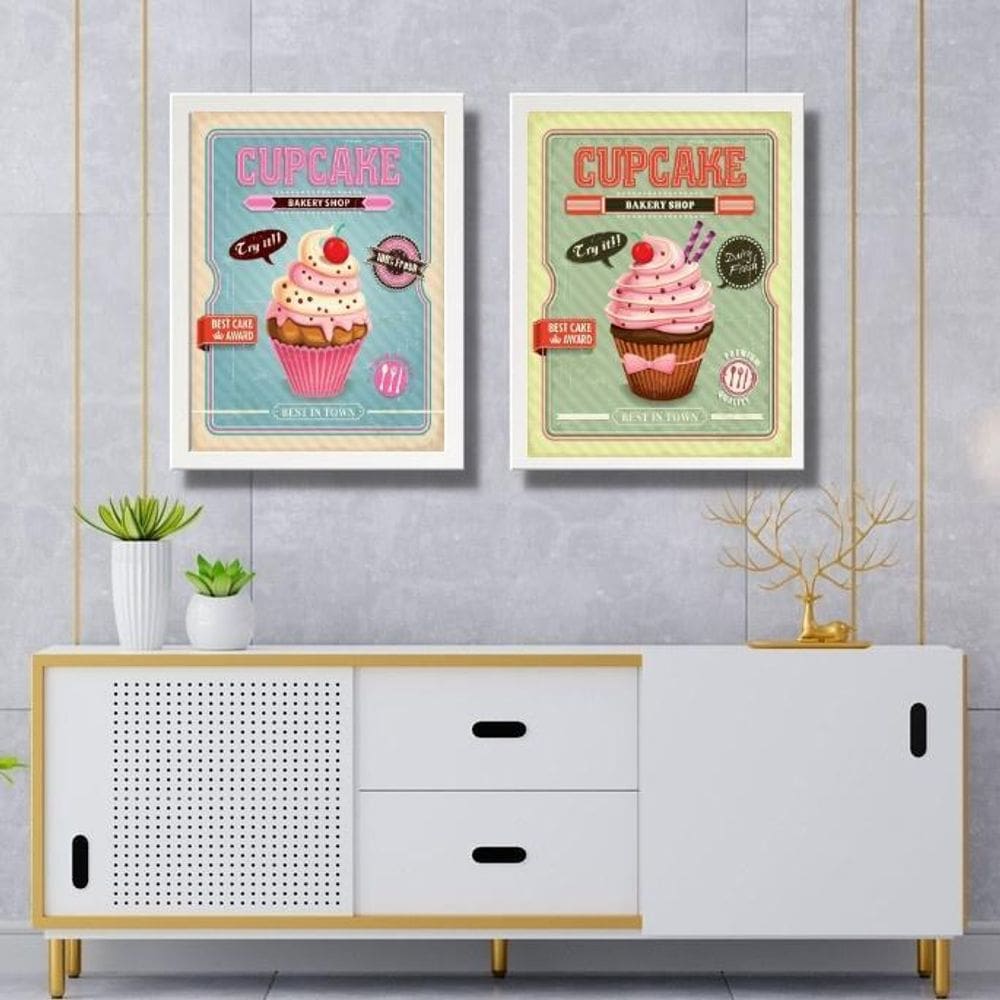 Kit 2 Quadros Para Cozinha - Cupcakes 45X34Cm - Com Vidro