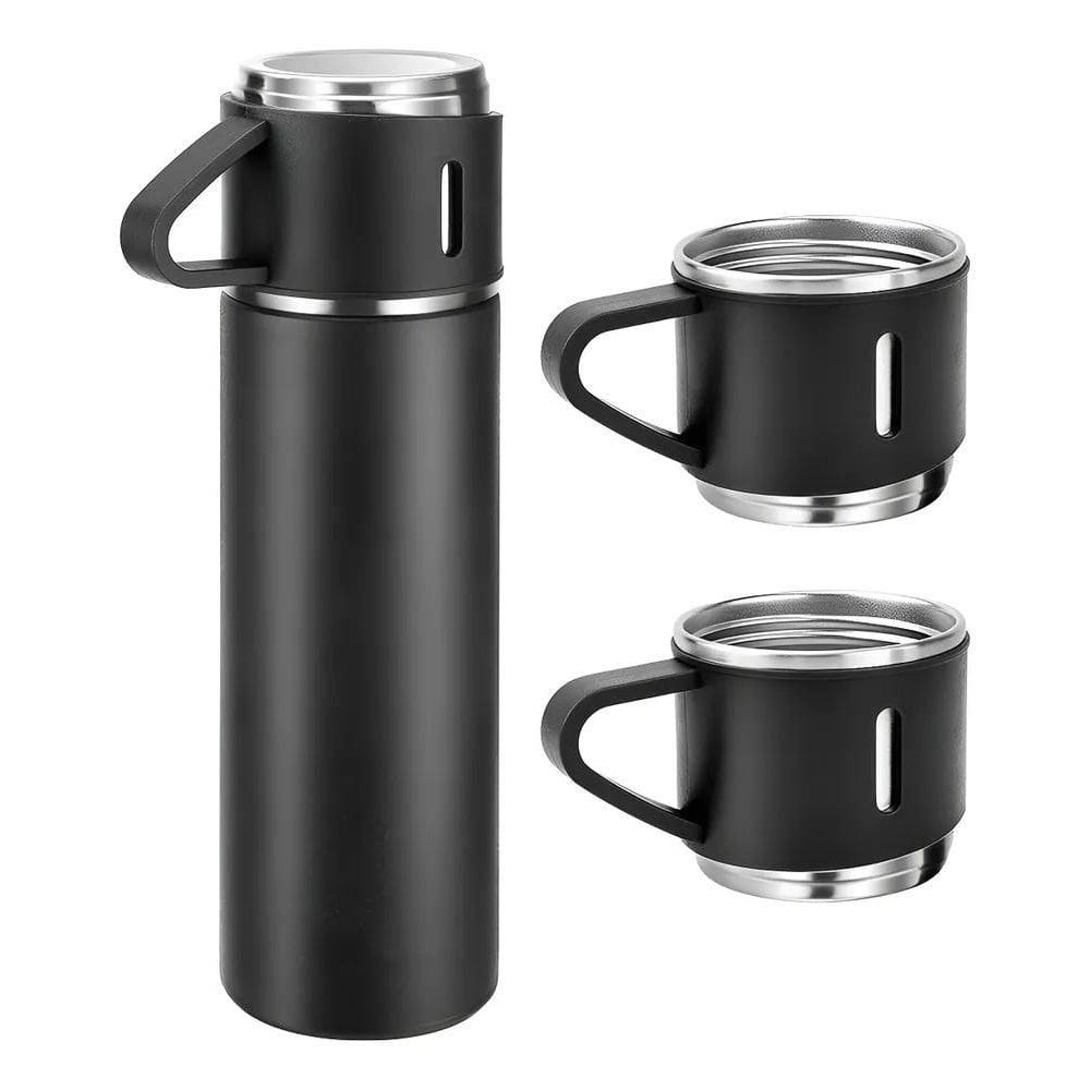 Kit Garrafa Térmica Inox 500Ml + 3 Copos -  Preto
