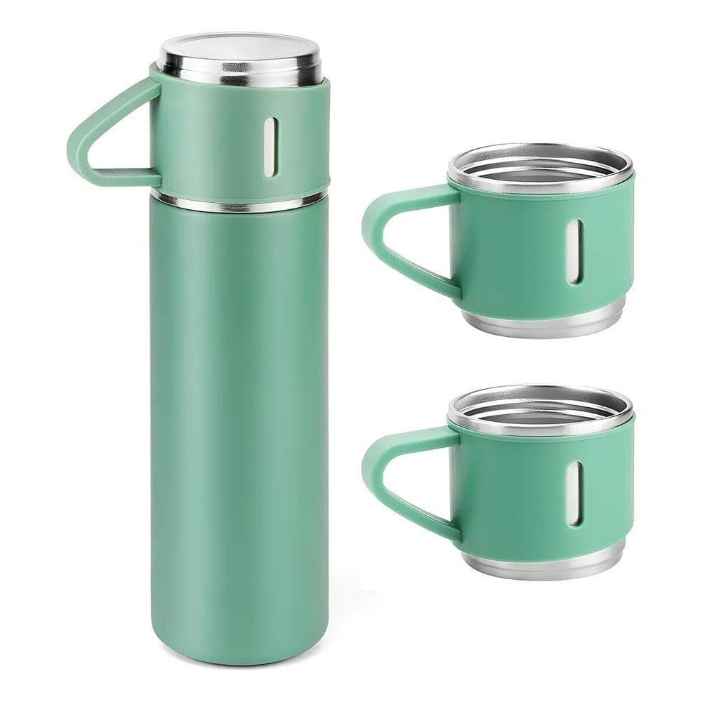 Kit Garrafa Térmica Inox 500Ml + 3 Copos -  Verde