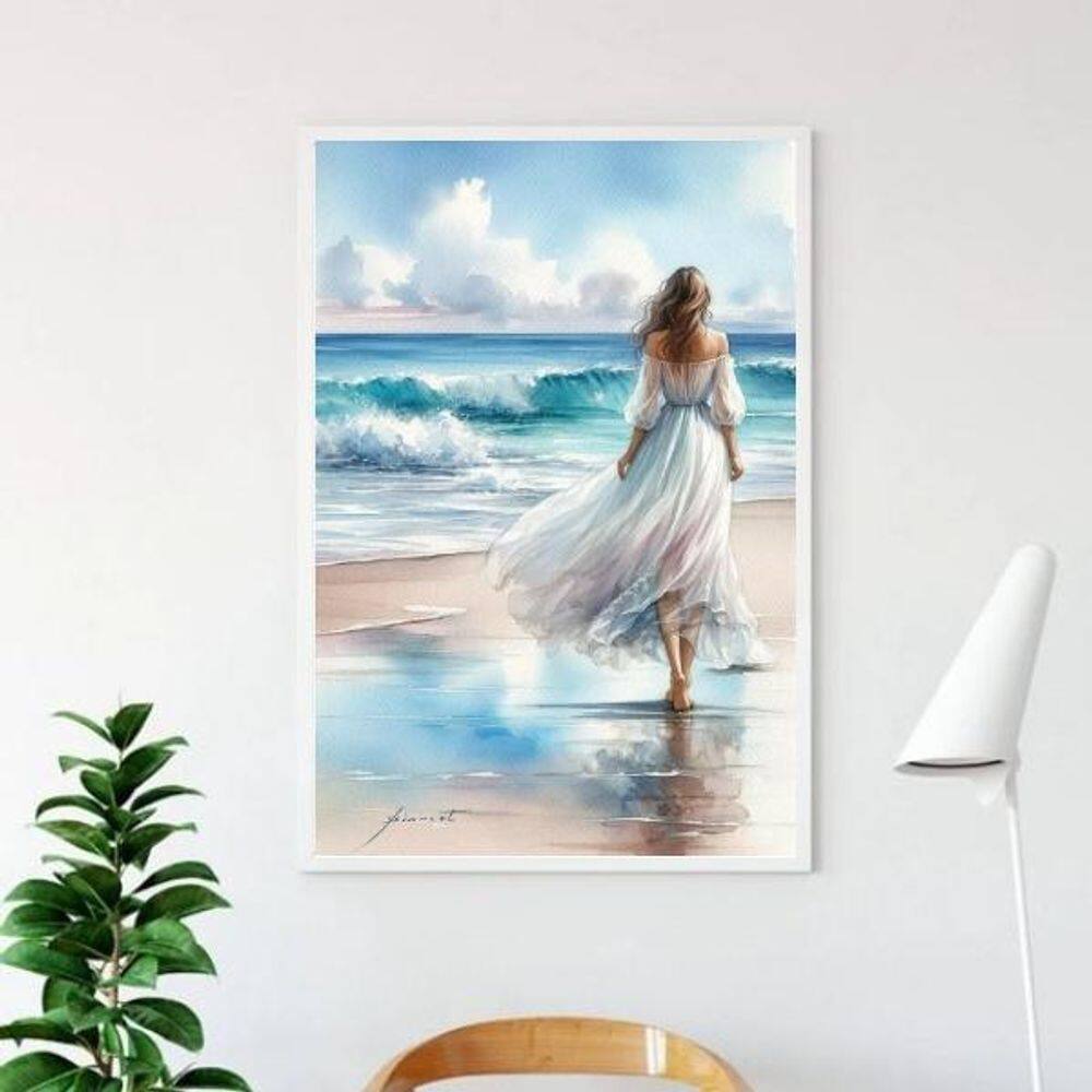 Quadro Mulher Caminhando Praia Aquarela 45X34Cm