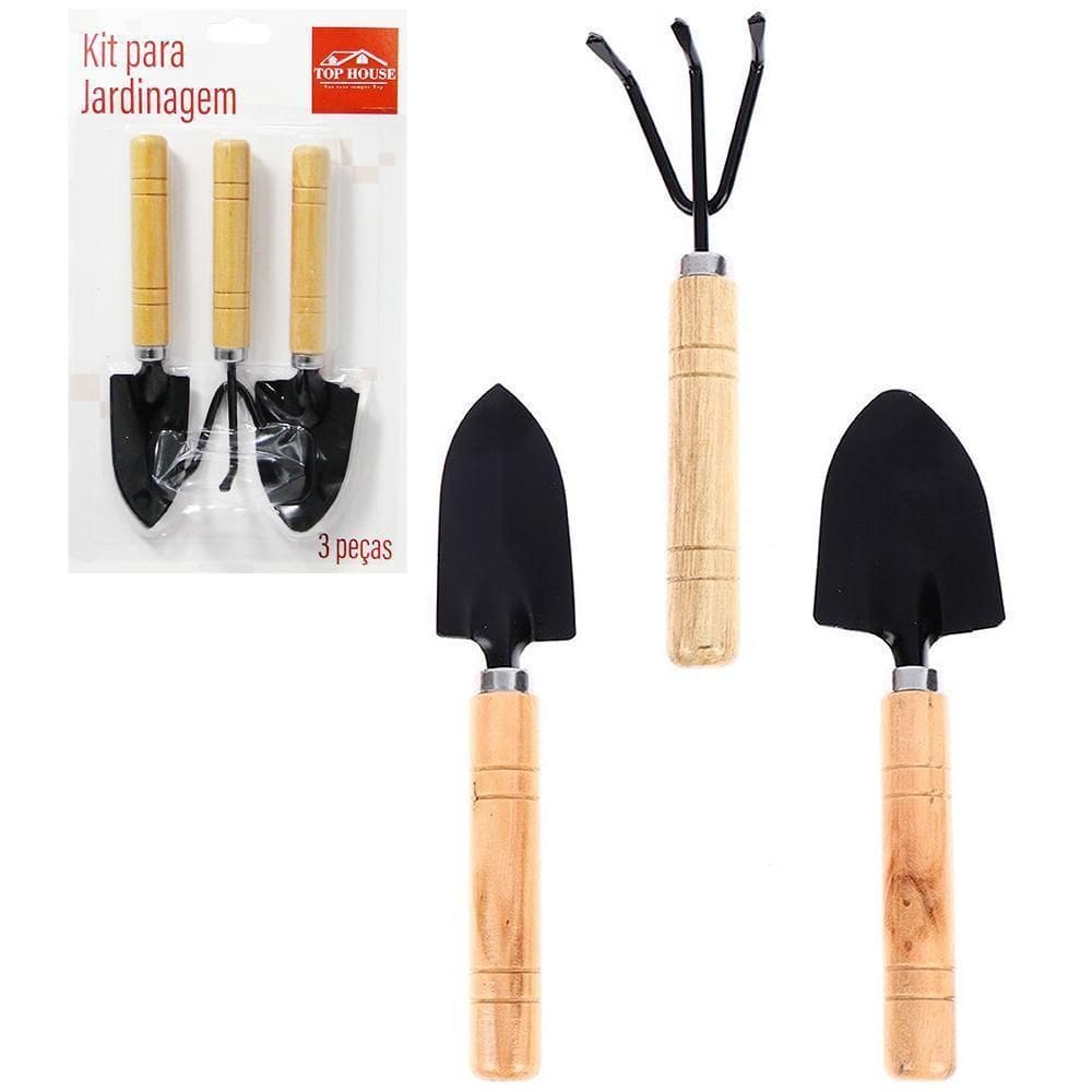 Kit Para Jardim Com 2 Pa + Ancinho / Rastelo Cabo De Madeira