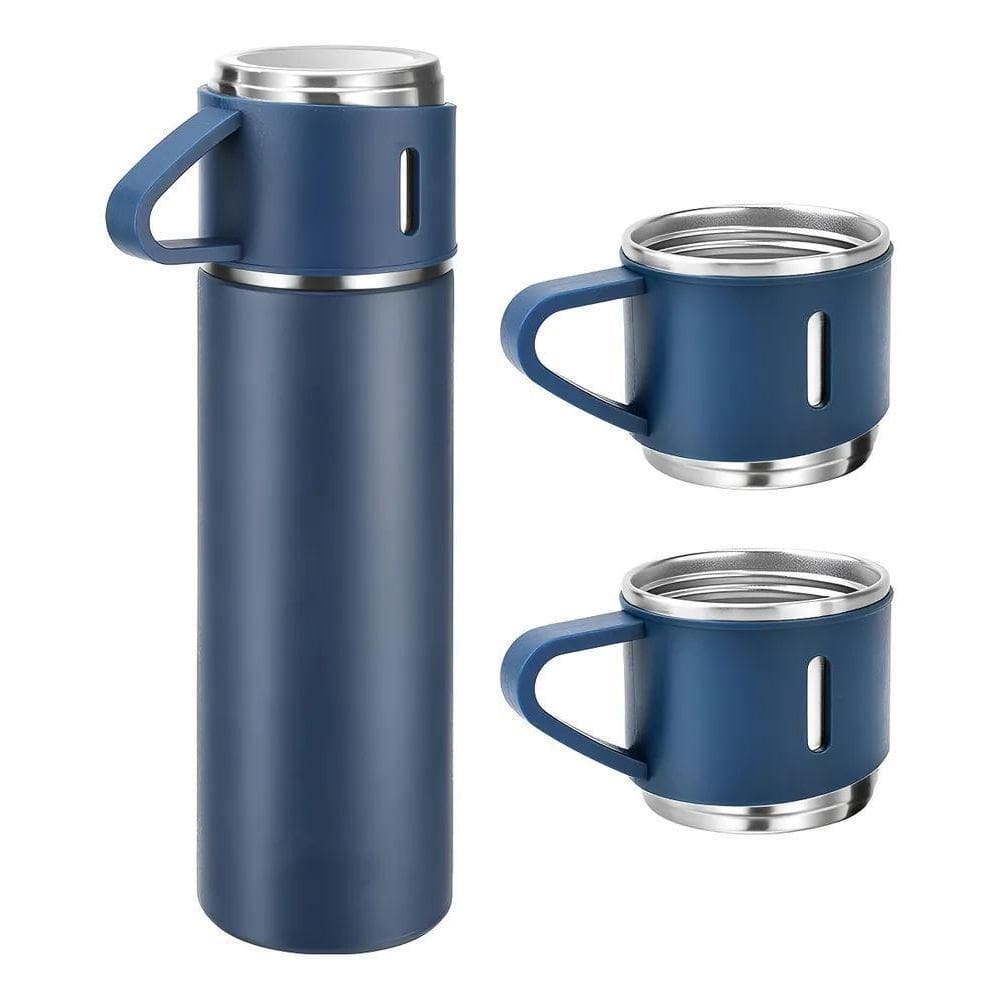 Kit Garrafa Térmica Inox 500Ml + 3 Copos - Promoç Azul