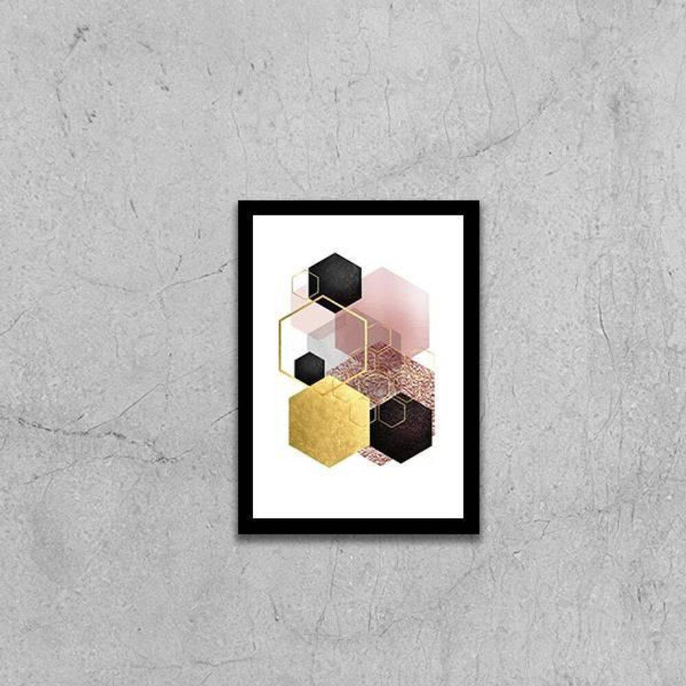 Quadro Geométrico Hexágonos Preto E Dourado 45X34 Preta