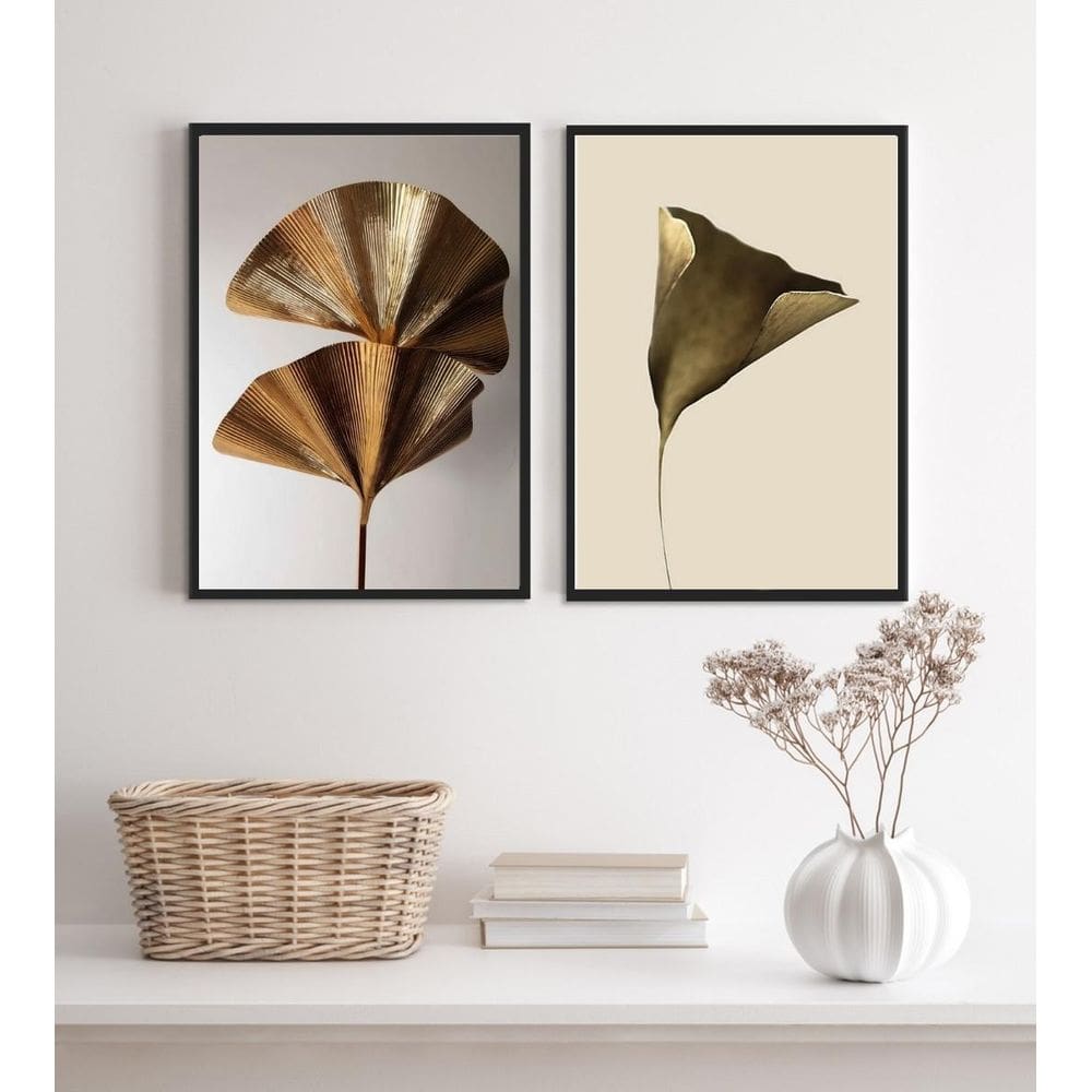 Kit 2 Quadros Flores Modernas Marrom E Dourado 33X24Cm Vidro