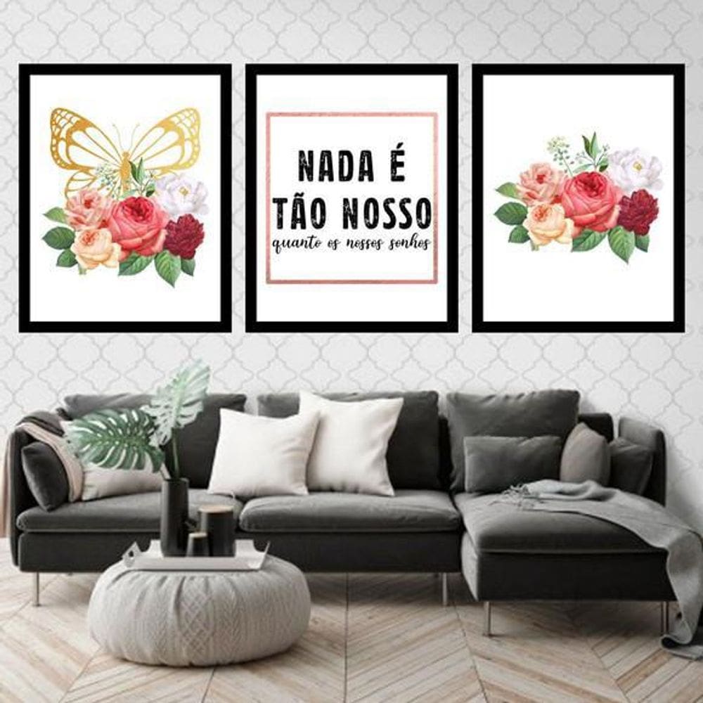 Kit 03 Quadros Decorativos Nossos Sonhos Flor Borboleta