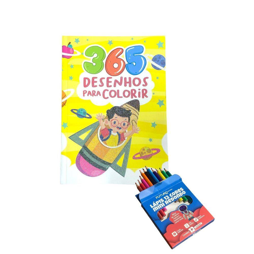 Kit Livro Infantil 365 Desenhos Colorir +12 Lápis De Cor