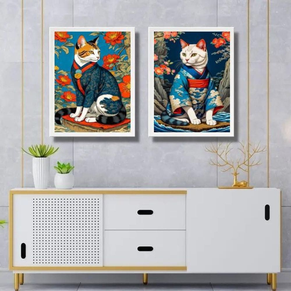 Kit 2 Quadros Arte Oriental - Gatos De Kimono 45X34Cm