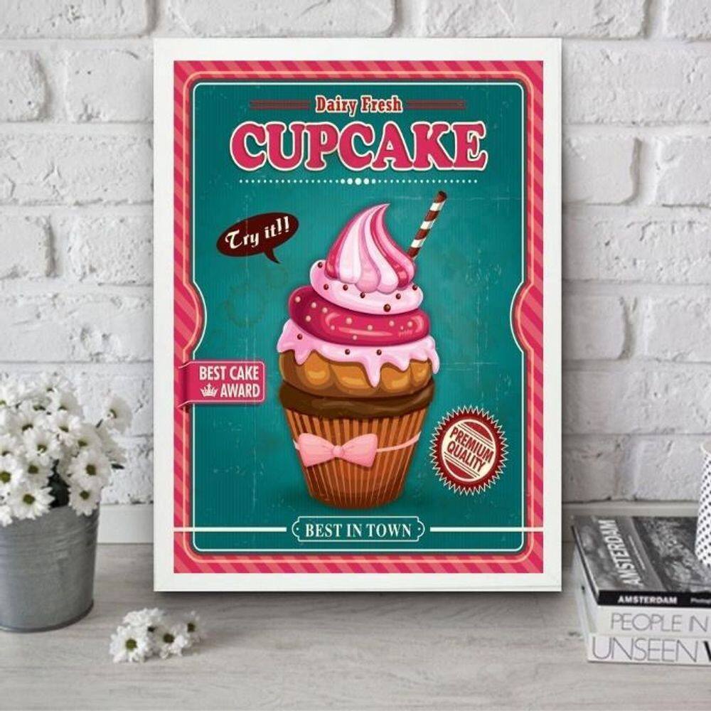 Quadro Cupcake - Rosa E Turquesa 24X18Cm - Com Vidro