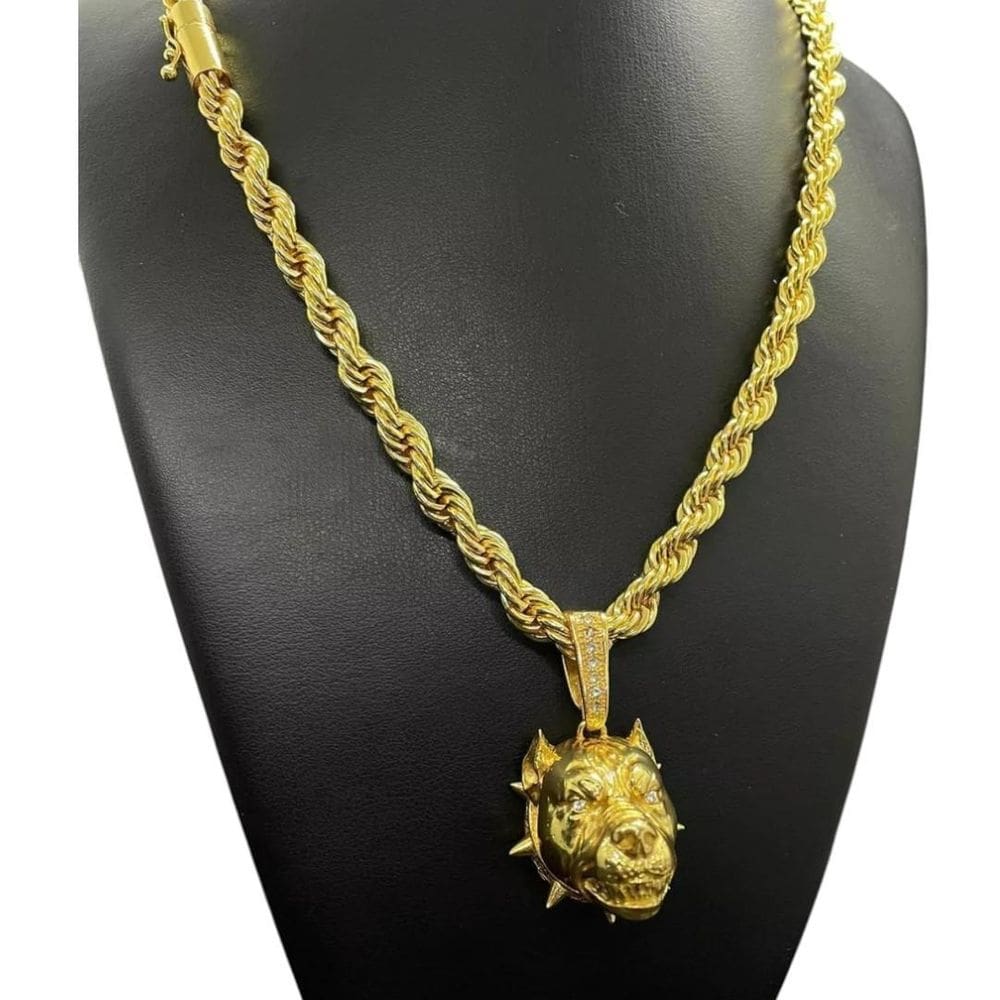 Cordão 10Mm Baiano + Pingente Pitbull - Banhado A Ouro 18K