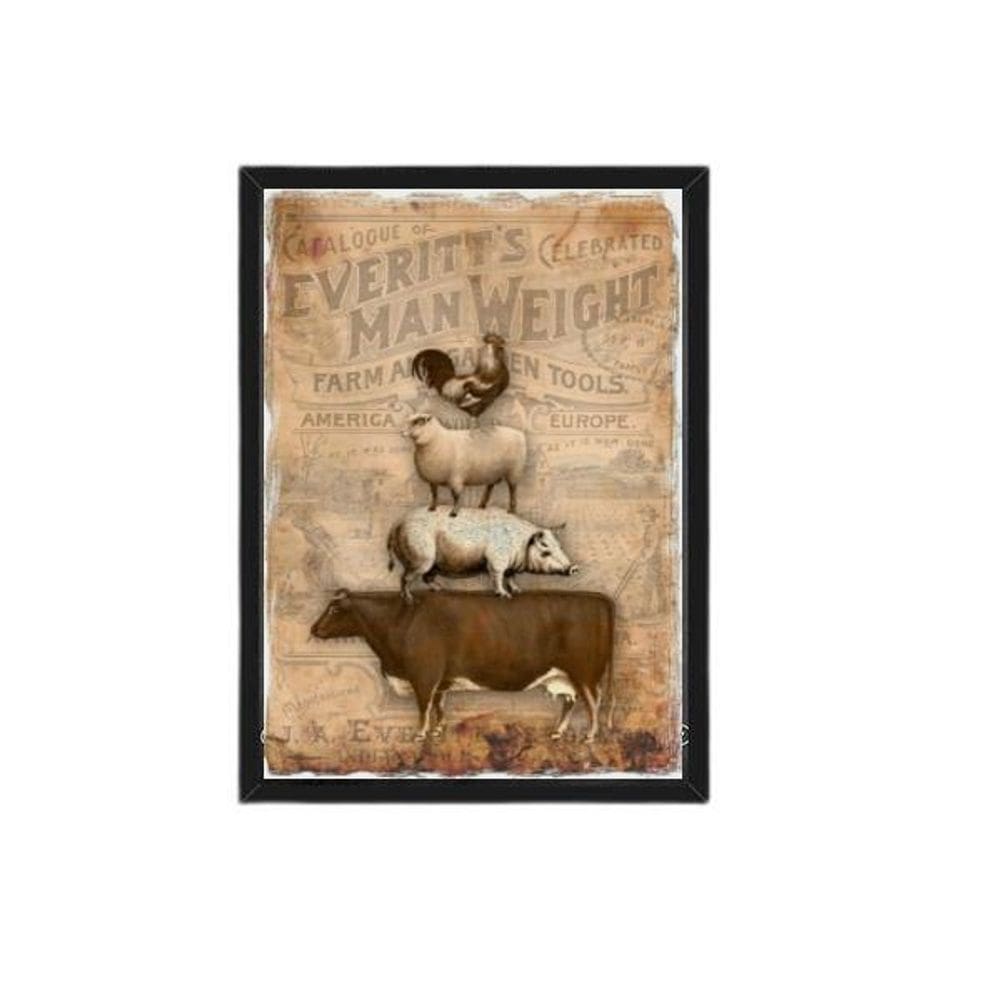 Quadro Vintage Animais Fazenda 33X24Cm Com Vidro - Preta