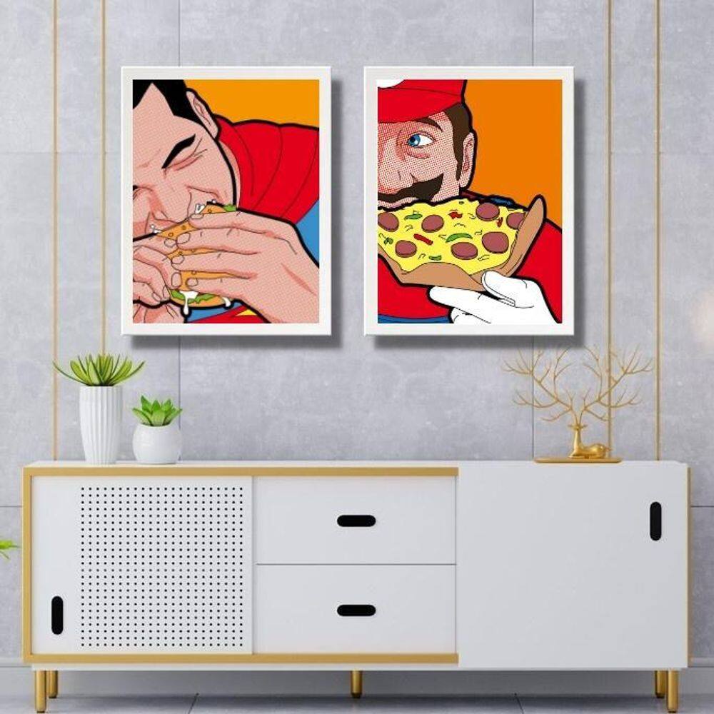 Kit 2 Quadros Super Herois Comendo Lanches 45X34Cm - Vidro