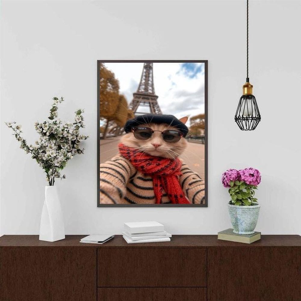 Quadro Foto Selfie Gata Em Paris 45X34Cm - Com Vidro