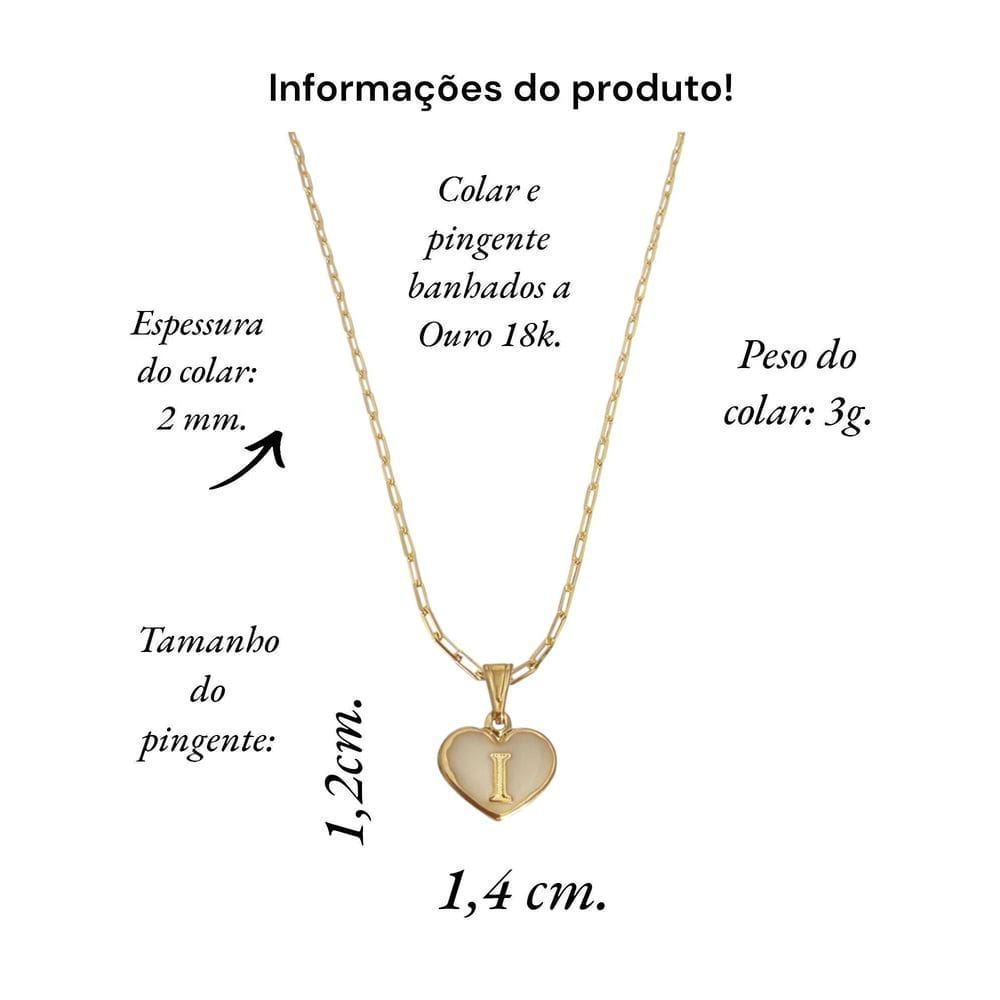 Colar Cartier 45Cm Coração Branco Letra I Banhado Ouro 18K
