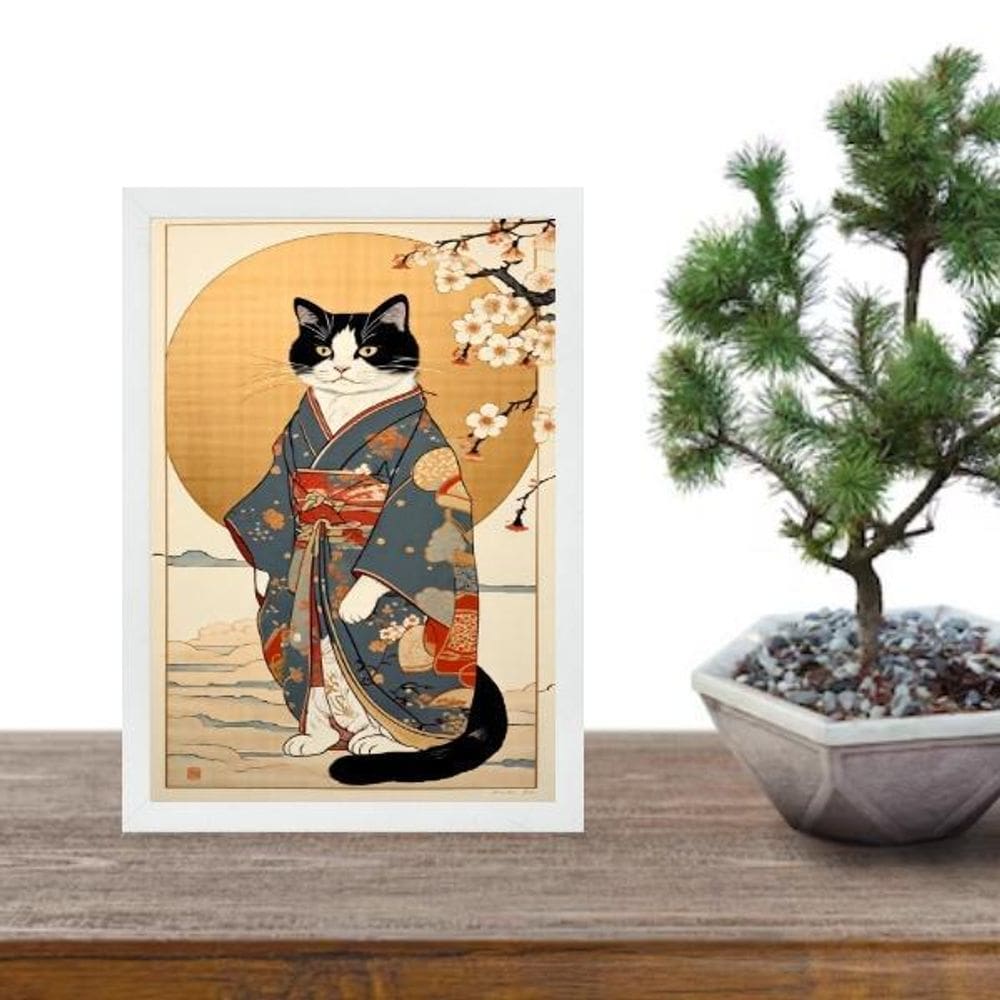 Quadro Arte Oriental Paisagem Com Gato 33X24Cm